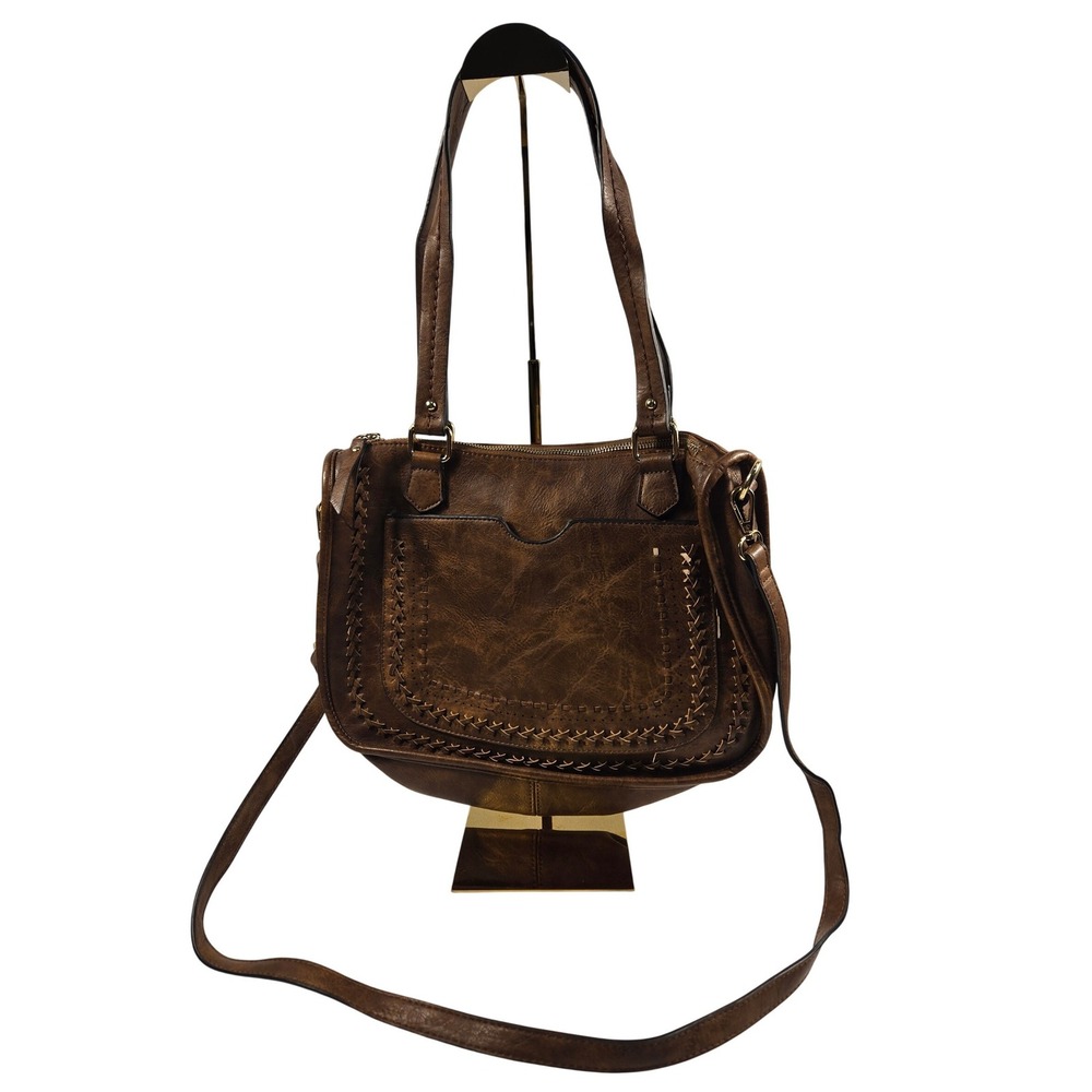 Brown Vegan Leather Whipstitch Boho Satchel Crossbody Bag with Geometric Lining